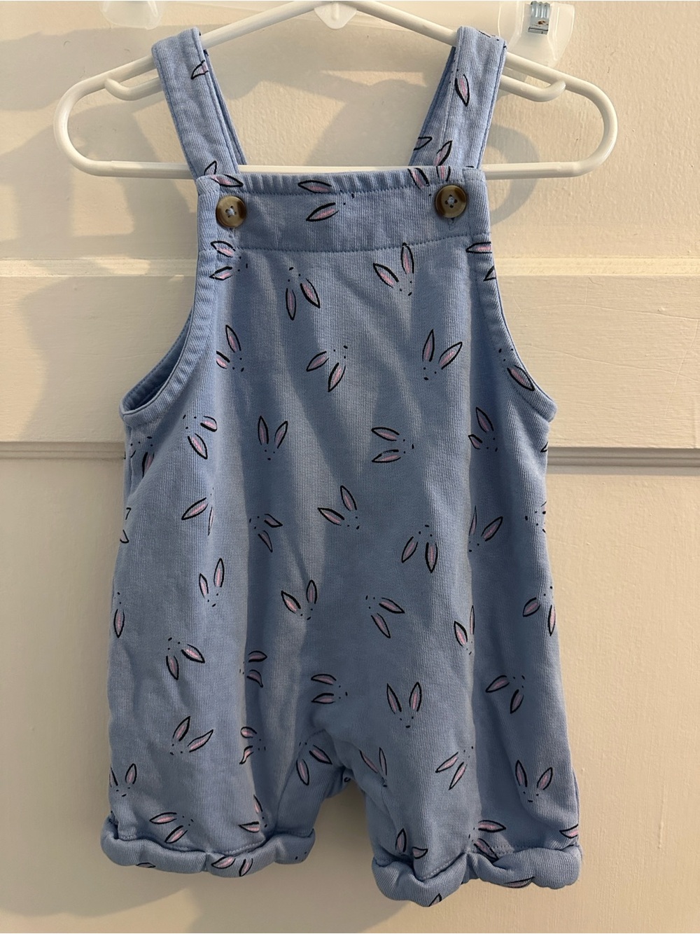 Hanna Andersson Ryder the Bunny Print Blue Overalls Romper Shortalls 12-18 Month